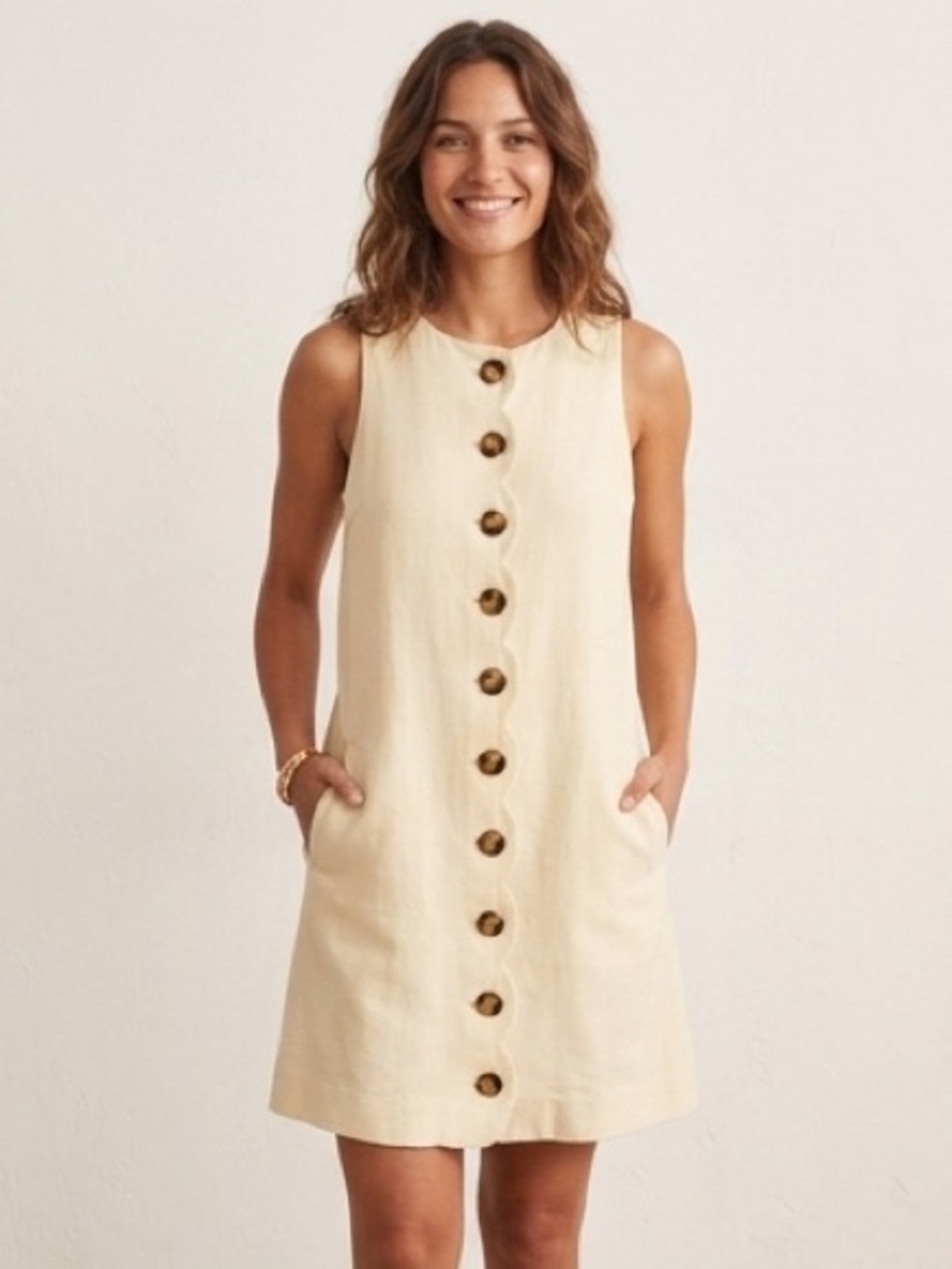 Sezane Mannie Sleeveless Scallop Button-Front Shift Dress in Cream Size 2